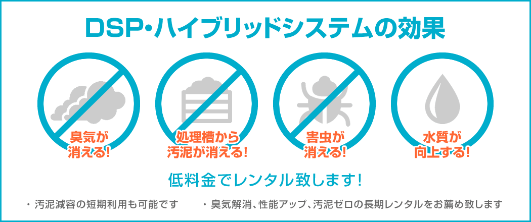 DSP・ハイブリッドシステムの効果 臭気が消える！処理層から汚泥が消える！害虫が消える！水質が向上する！ 低料金でレンタルいたします